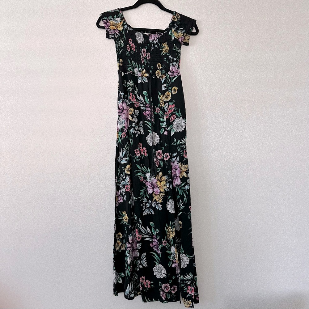 Band of Gypsies Boho Black Floral Smock Maxi Dress Size XS